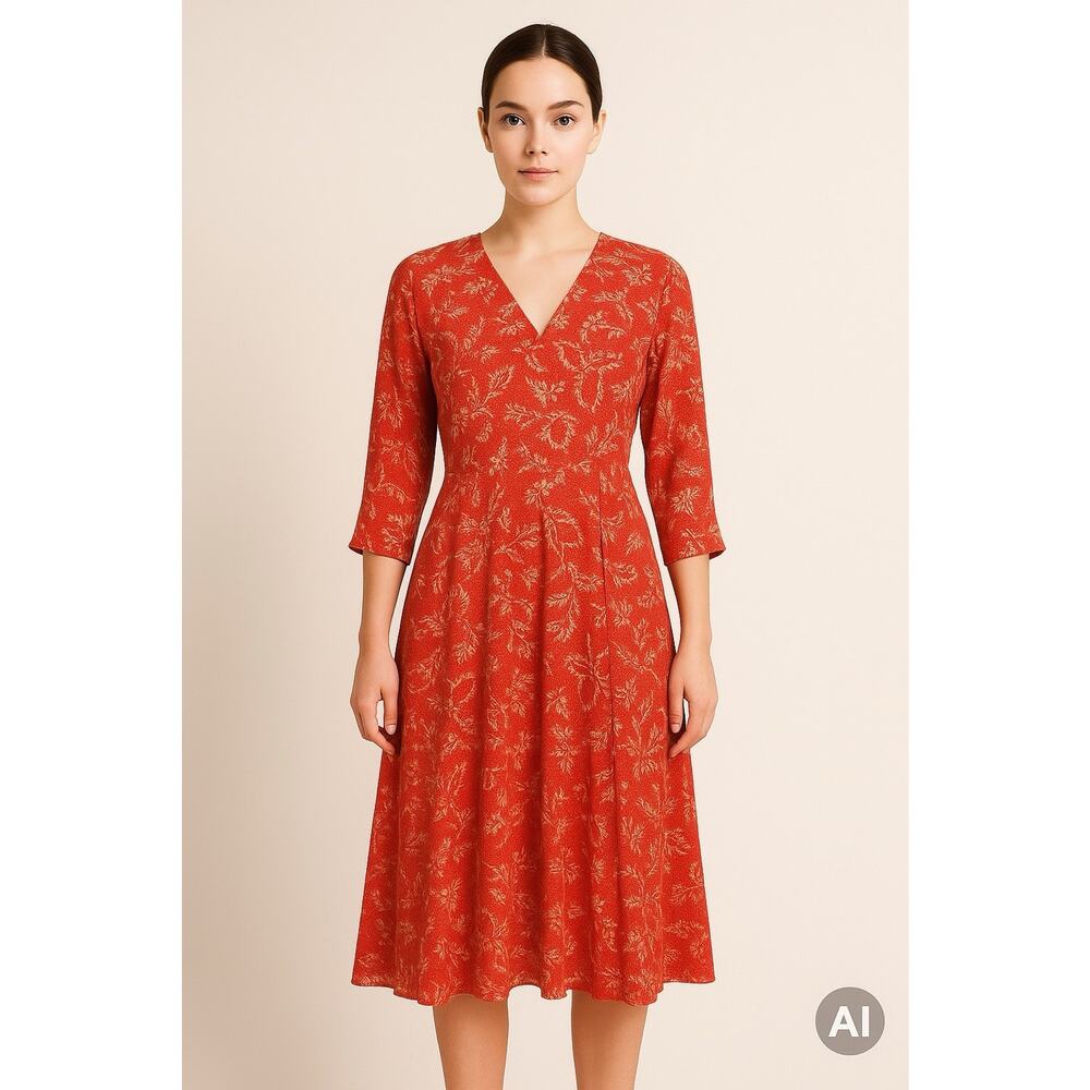 Vintage 100% Silk Red Floralโ Midi Dress Sz 12 Boho Hong Kong Romantic pure seta